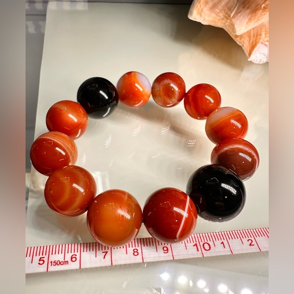 ORANGE SARDONYX + BLACK ONYX NATURAL STONES BRACELET size 7” - Picture 14 of 15